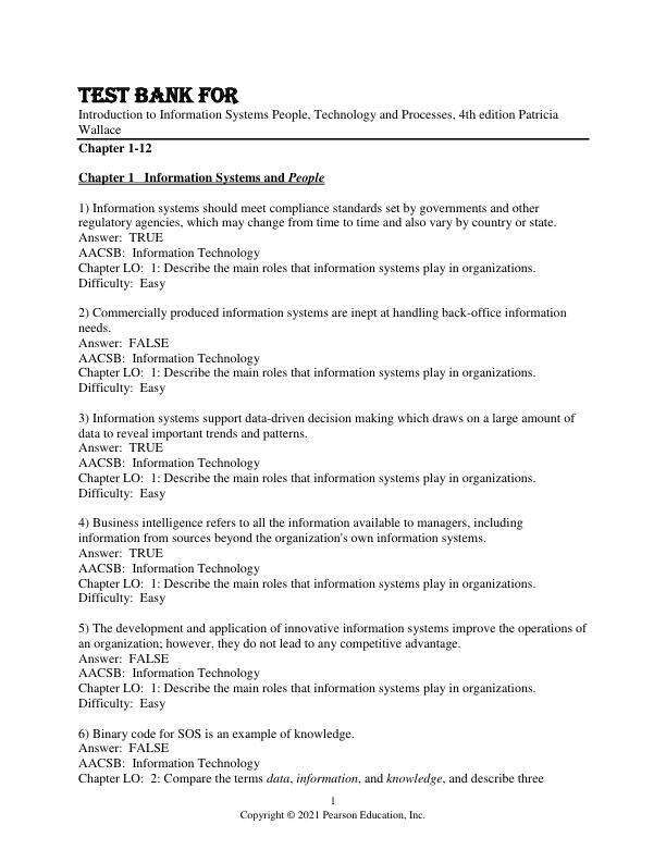 Test Bank For Introduction to Information Systems People, Technology and Processes, 4th Edition byPatricia Wallace Chapter 1-12