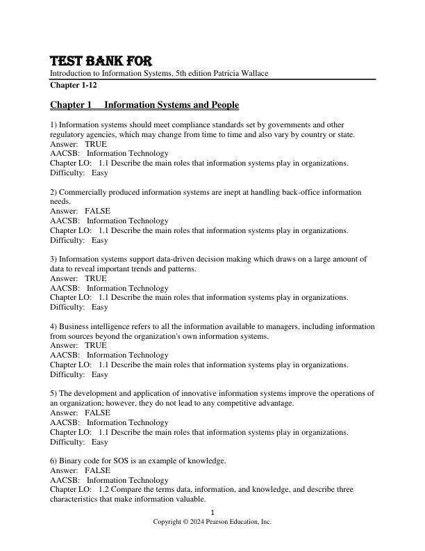 Test Bank For Introduction to Information Systems, 5th Edition by Patricia Wallace Chapter 1-12