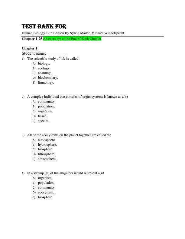 Test Bank For Human Biology 17th Edition By Sylvia Mader, Michael Windelspecht Chapter 1-25