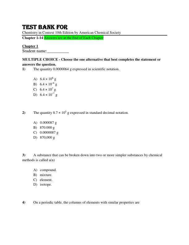Test Bank For Chemistry in Context 10th Edition by American Chemical Society Chapter 1-14