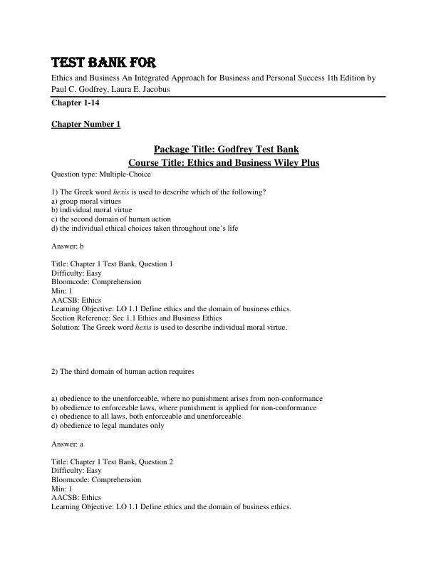 Test Bank For Ethics and Business An Integrated Approach for Business and Personal Success 1th Edition by Paul C. Godfrey, Laura E. Jacobus Chapter 1-14