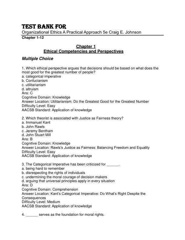 Test Bank For Organizational Ethics A Practical Approach 5th Edition by Craig E. Johnson Chapter 1-12