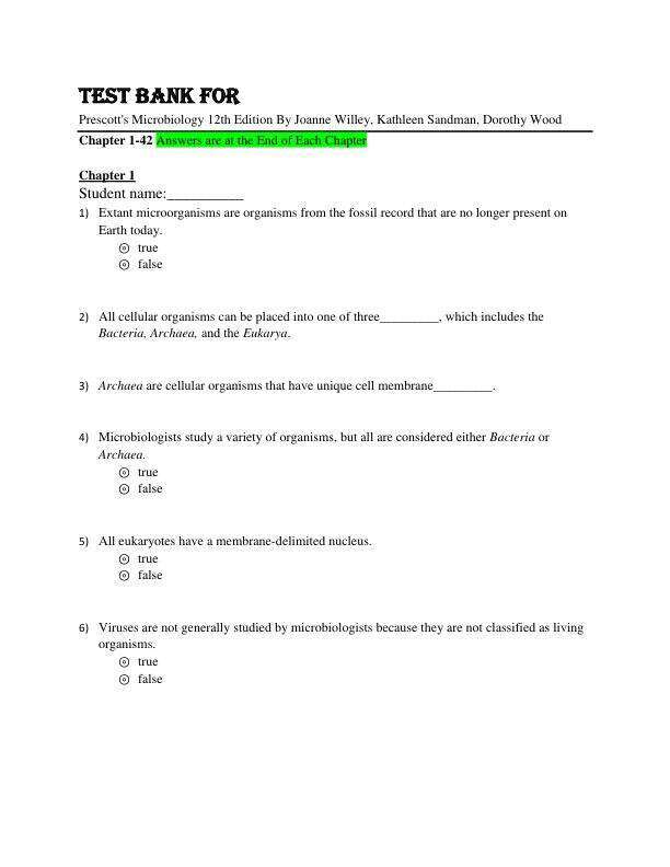 Test Bank For Prescott's Microbiology 12th Edition By Joanne Willey, Kathleen Sandman, Dorothy Wood Chapter 1-42
