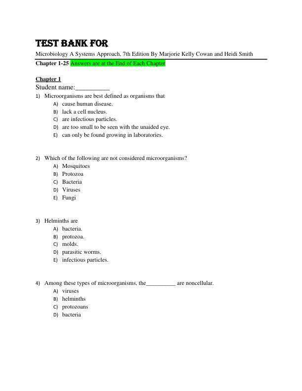 Test Bank For Microbiology A Systems Approach, 7th Edition By Marjorie Kelly Cowan and Heidi Smith Chapter 1-25