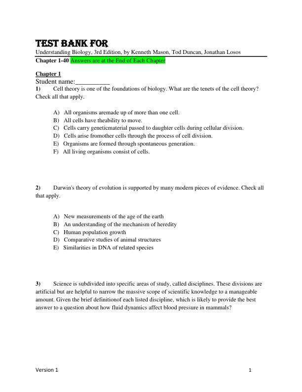 Test Bank For Understanding Biology, 3rd Edition by Kenneth Mason, Tod Duncan, Jonathan Losos Chapter 1-40