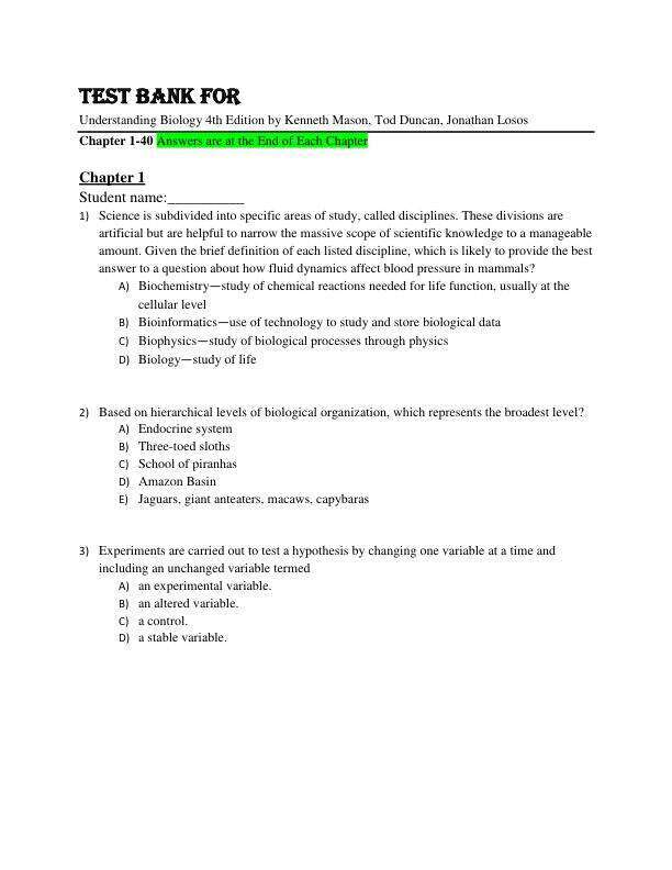 Test Bank For Understanding Biology 4th Edition By Kenneth Mason, Tod Duncan, Jonathan Losos Chapter 1-40