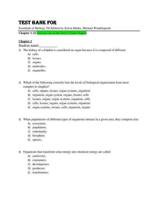 Test Bank For Essentials of Biology 7th Edition By Sylvia Mader, Michael Windelspecht Chapter 1-32