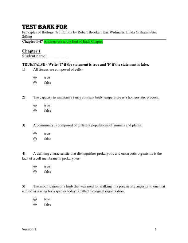 Test Bank For Principles of Biology, 3rd Edition by Robert Brooker, Eric Widmaier, Linda Graham, Peter Stiling Chapter 1-47