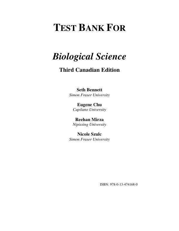 Test Bank For Biological Science, Canadian Edition, 3rd Edition by Scott Freeman; Kim Quillin; Lizabeth Allison; Michael Black; Greg Podgorski; Emily Taylor; Jeff Carm Chapter 1-54