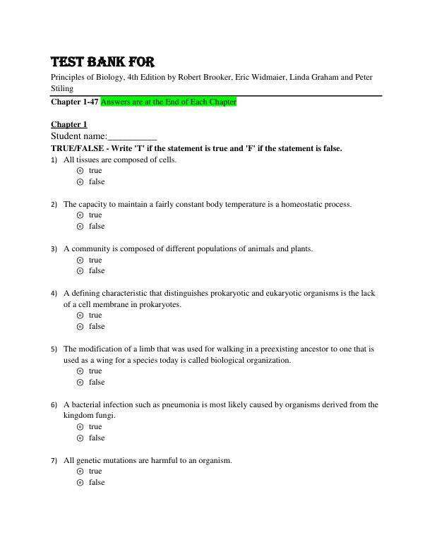 Test Bank For Principles of Biology, 4th Edition By Robert Brooker, Eric Widmaier, Linda Graham and Peter Stiling Chapter 1-47