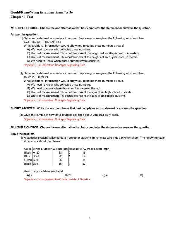 Test Bank For Essential Statistics Exploring the world through data 3th Edition by Robert N. Gould, Rebecca Wong, Colleen Ryan