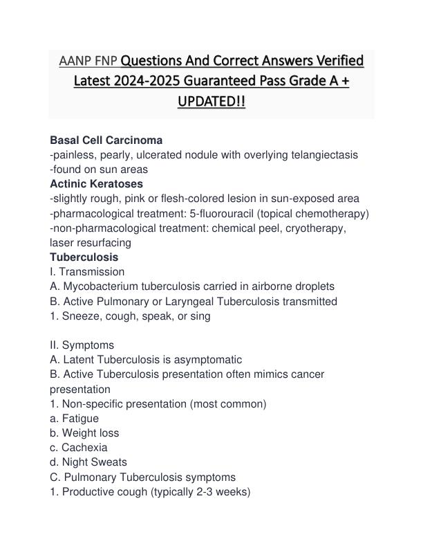 AANP FNP Questions And Correct Answers Verified Latest 2024-2025 Guaranteed Pass Grade A + UPDATED!!