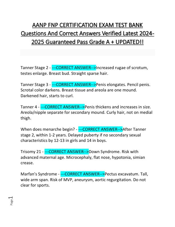AANP FNP CERTIFICATION EXAM TEST BANK Questions And Correct Answers Verified Latest 2024-2025 Guaranteed Pass Grade A + UPDATED!!