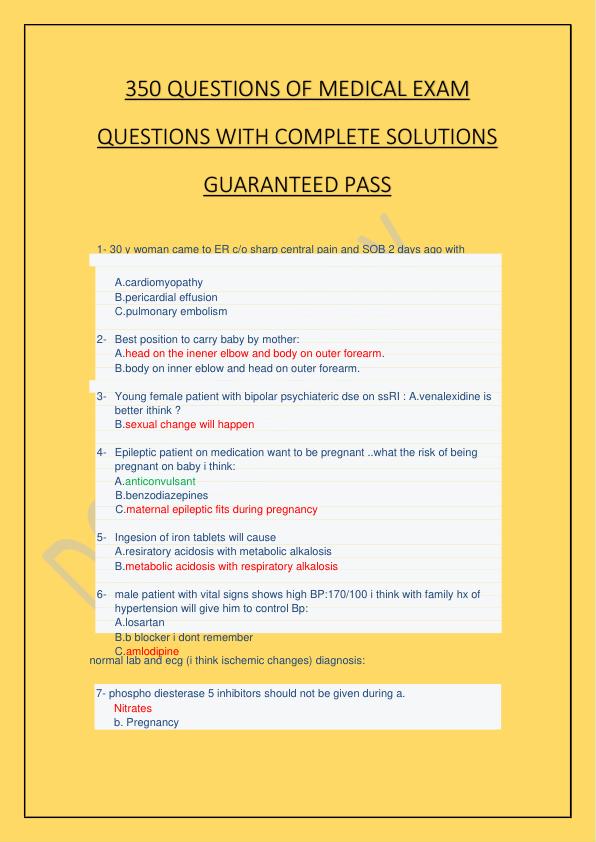 350 QUESTIONS OF MEDICAL EXAM QUESTIONS WITH COMPLETE SOLUTIONS GUARANTEED PASS