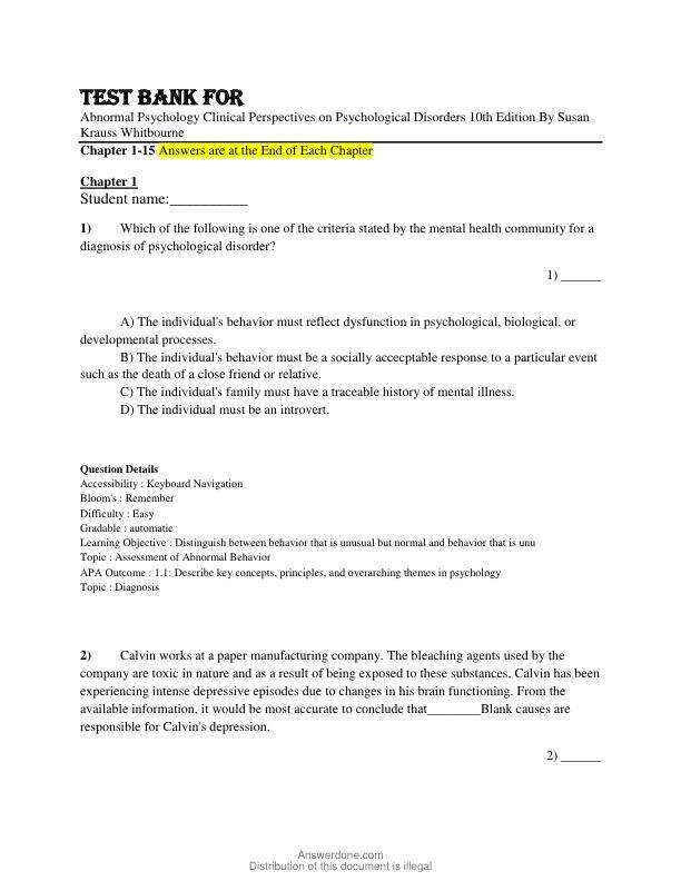 Test Bank For Abnormal Psychology Clinical Perspectives by M Aoon on Psychological Disorders 10th Edition By Susan Krauss Whitbourne Chapter 1-15