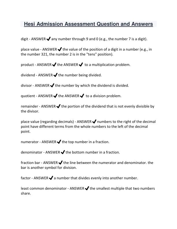 Hesi Admission Assessment Question and Answers