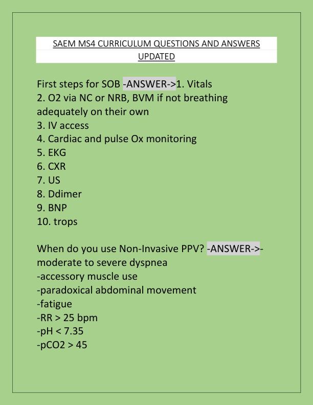SAEM MS4 CURRICULUM QUESTIONS AND ANSWERS UPDATED