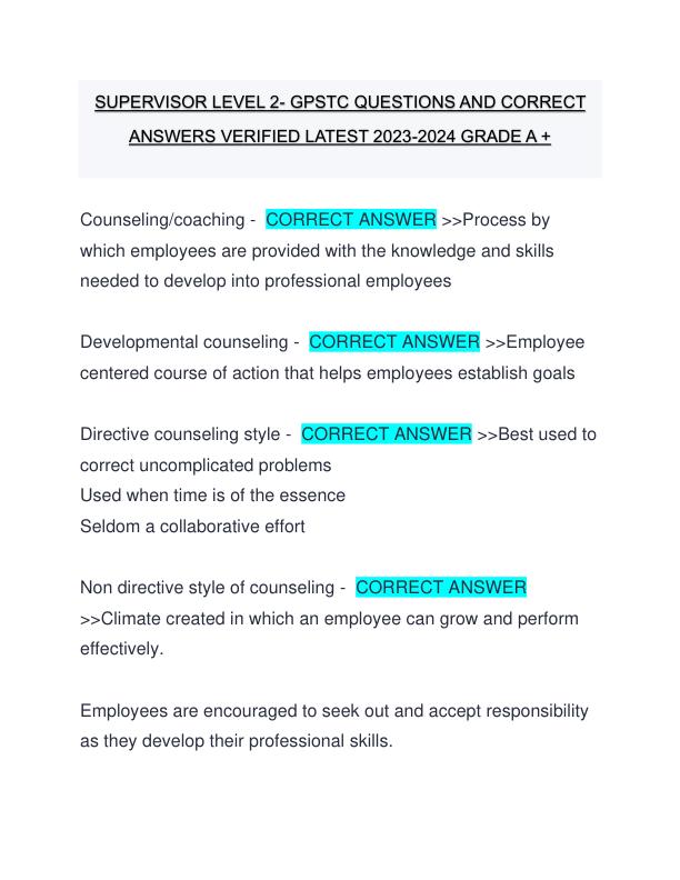 SUPERVISOR LEVEL 2- GPSTC QUESTIONS AND CORRECT ANSWERS VERIFIED LATEST 2023-2024 GRADE A +