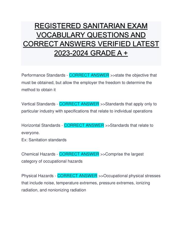 REGISTERED SANITARIAN EXAM VOCABULARY QUESTIONS AND CORRECT ANSWERS VERIFIED LATEST 2023-2024 GRADE A +