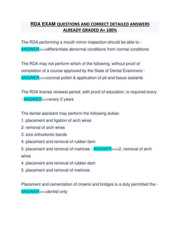 RDA EXAM QUESTIONS AND CORRECT DETAILED ANSWERS ALREADY GRADED A+ 100%