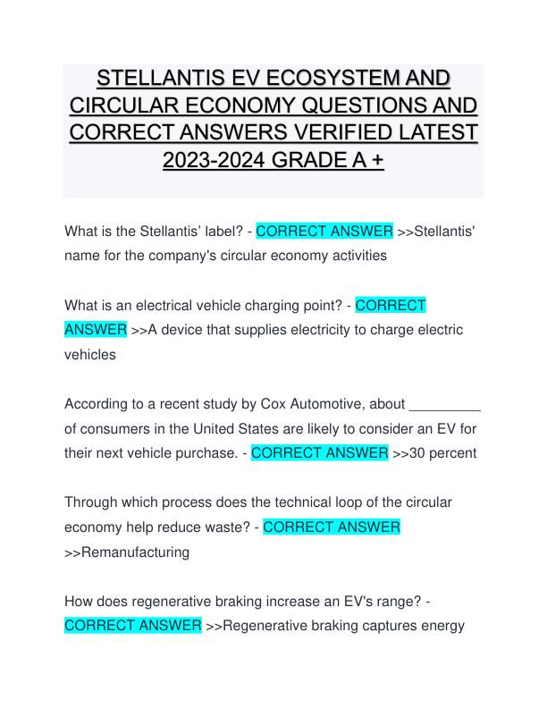 STELLANTIS EV ECOSYSTEM AND CIRCULAR ECONOMY QUESTIONS AND CORRECT ANSWERS VERIFIED LATEST 2023-2024 GRADE A +