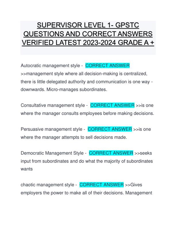 SUPERVISOR LEVEL 1- GPSTC QUESTIONS AND CORRECT ANSWERS VERIFIED LATEST 2023-2024 GRADE A +