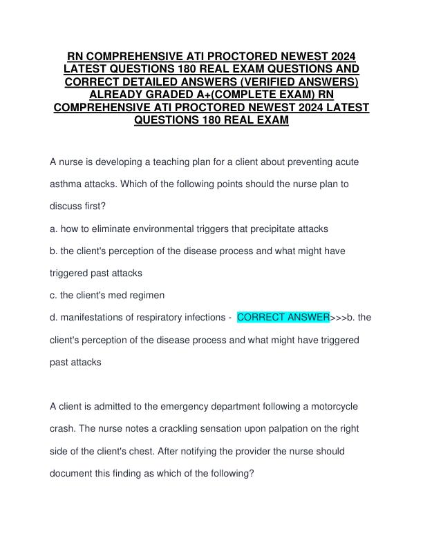RN COMPREHENSIVE ATI PROCTORED NEWEST 2024 LATEST QUESTIONS 180 REAL EXAM QUESTIONS AND CORRECT DETAILED ANSWERS (VERIFIED ANSWERS) ALREADY GRADED A+(