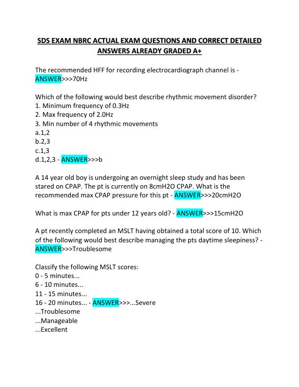 SDS EXAM NBRC ACTUAL EXAM QUESTIONS AND CORRECT DETAILED ANSWERS ALREADY GRADED A+