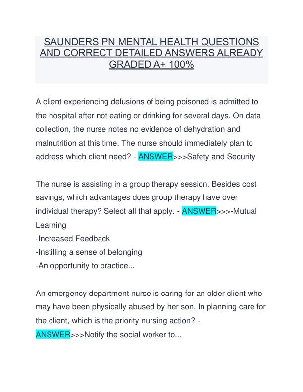SAUNDERS PN MENTAL HEALTH QUESTIONS AND CORRECT DETAILED ANSWERS ALREADY GRADED A+ 100%