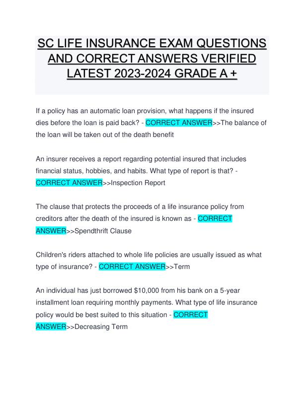 SC LIFE INSURANCE EXAM QUESTIONS AND CORRECT ANSWERS VERIFIED LATEST 2023-2024 GRADE A +