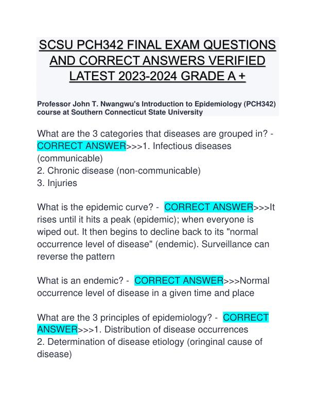 SCSU PCH342 FINAL EXAM QUESTIONS AND CORRECT ANSWERS VERIFIED LATEST 2023-2024 GRADE A +