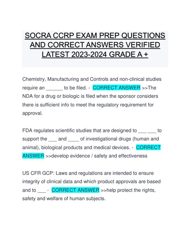 SOCRA CCRP EXAM PREP QUESTIONS AND CORRECT ANSWERS VERIFIED LATEST 2023-2024 GRADE A +