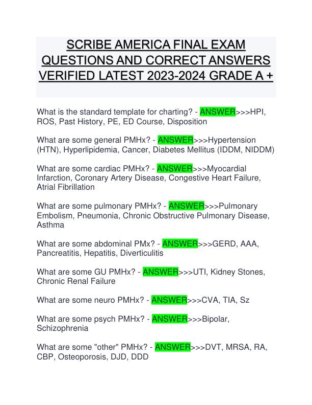 SCRIBE AMERICA FINAL EXAM QUESTIONS AND CORRECT ANSWERS VERIFIED LATEST 2023-2024 GRADE A +