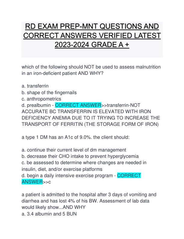 RD EXAM PREP-MNT QUESTIONS AND CORRECT ANSWERS VERIFIED LATEST 2023-2024 GRADE A +