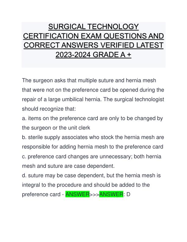SURGICAL TECHNOLOGY CERTIFICATION EXAM QUESTIONS AND CORRECT ANSWERS VERIFIED LATEST 2023-2024 GRADE A +