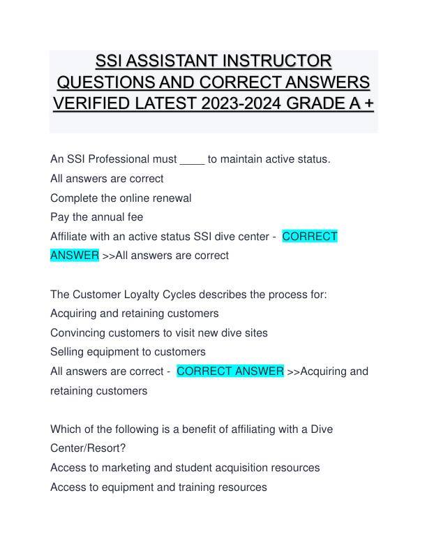 SSI ASSISTANT INSTRUCTOR QUESTIONS AND CORRECT ANSWERS VERIFIED LATEST 2023-2024 GRADE A +