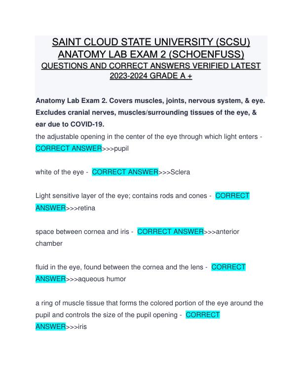 SAINT CLOUD STATE UNIVERSITY (SCSU) ANATOMY LAB EXAM 2 (SCHOENFUSS) QUESTIONS AND CORRECT ANSWERS VERIFIED LATEST 2023-2024 GRADE A +