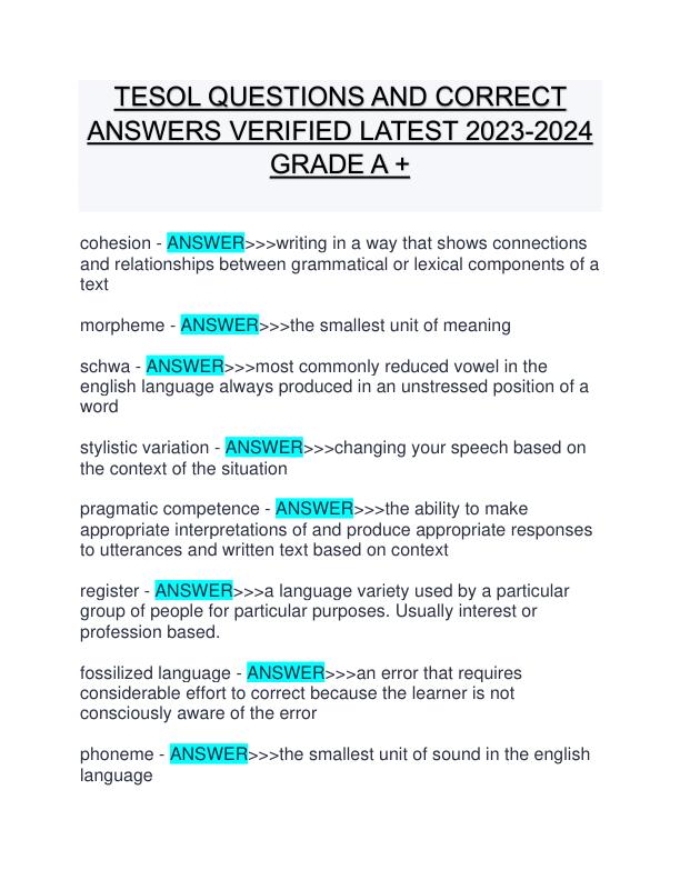 TESOL QUESTIONS AND CORRECT ANSWERS VERIFIED LATEST 2023-2024 GRADE A +