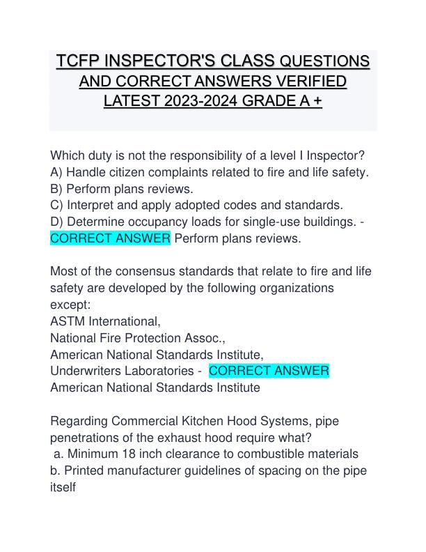 TCFP INSPECTOR'S CLASS QUESTIONS AND CORRECT ANSWERS VERIFIED LATEST 2023-2024 GRADE A +