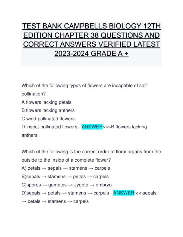 TEST BANK CAMPBELLS BIOLOGY 12TH EDITION CHAPTER 38 QUESTIONS AND CORRECT ANSWERS VERIFIED LATEST 2023-2024 GRADE A +