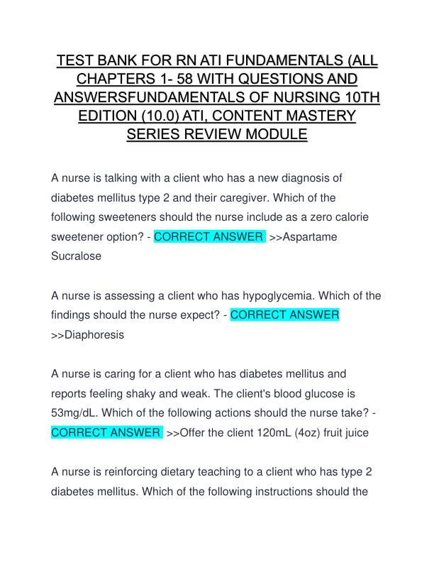 TEST BANK FOR RN ATI FUNDAMENTALS (ALL CHAPTERS 1- 58 WITH QUESTIONS AND ANSWERSFUNDAMENTALS OF NURSING 10TH EDITION (10.0) ATI, CONTENT MASTERY SERIES REVIEW MODULE