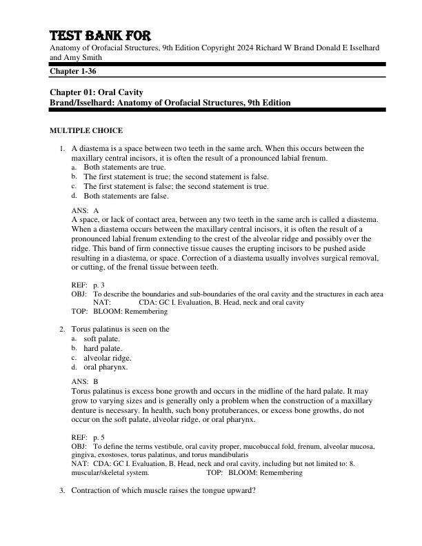 Test Bank For Anatomy of Orofacial Structures, 9th Edition Copyright 2024 Richard W Brand Donald E Isselhard and Amy Smith Chapter 1-36