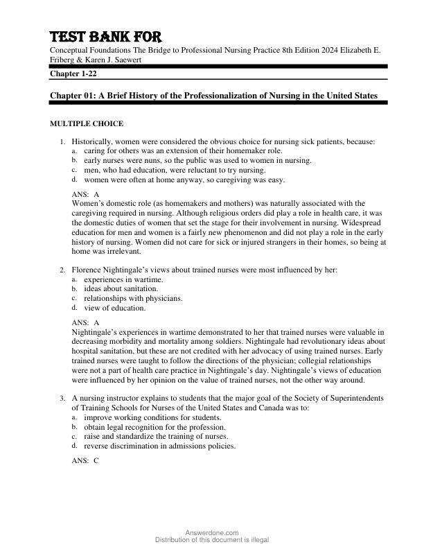 Tast Bank For Conceptual Foundations - The Bridge to Professional Nursing Practice 8th Edition Copyright 2024 Elizabeth E. Friberg & Karen J. Saewert Chapter 1-22