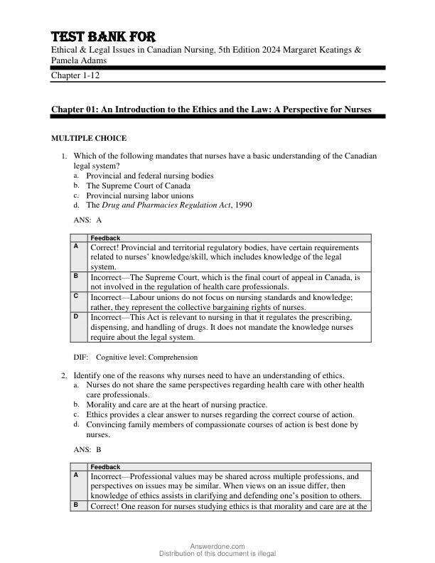 Test Bank For Ethical & Legal Issues in Canadian Nursing, 5th Edition  Copyright 2024 Margaret Keatings & Pamela Adams Chapter 1-12