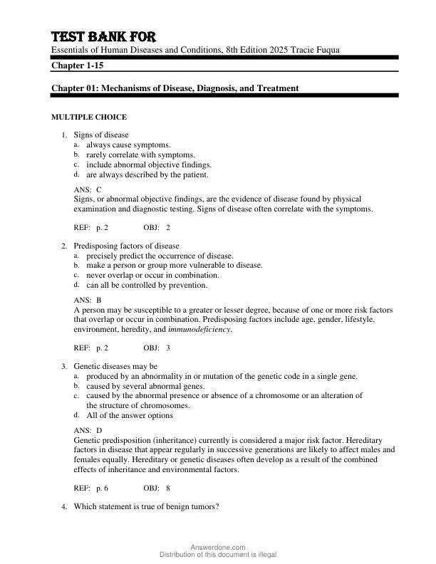 Test Bank For Essentials of Human Diseases and Conditions, 8th Edition by Tracie Fuqua Copyright 2025 Chapter 1-15