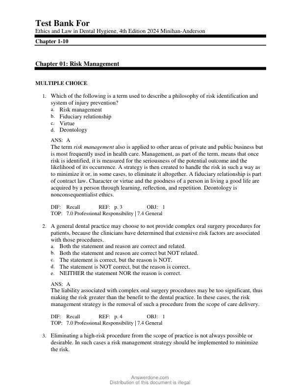 Test Bank For Ethics and Law in Dental Hygiene, 4th Edition Minihan-Anderson Copyright 2024 Chapter 1-10