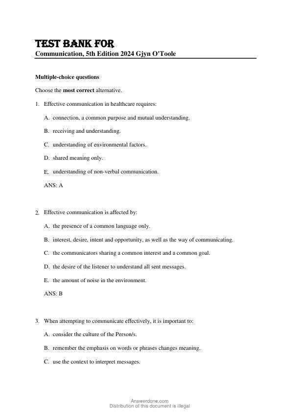 Test Bank For Communication, 5th Edition  Copyright 2024 Gjyn O'Toole