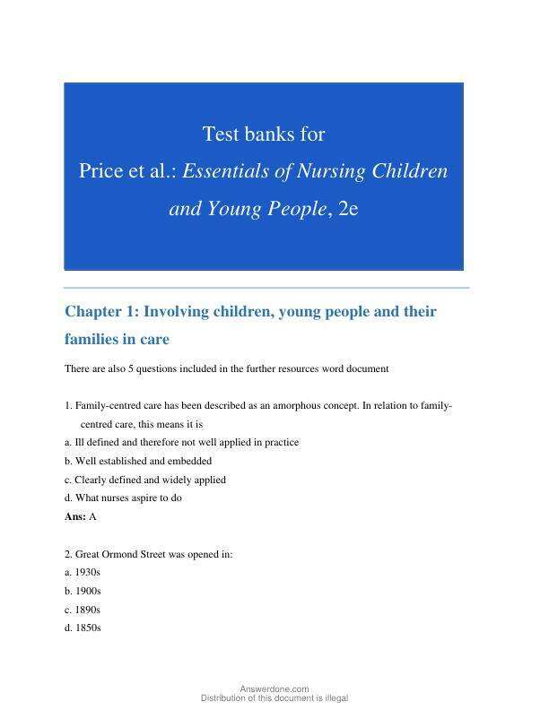 Test Bank For Essentials of Nursing Children and Young People Second Edition by Jayne Price - Orla McAlinden - Zoë Veal 2024 Chapter 1-38
