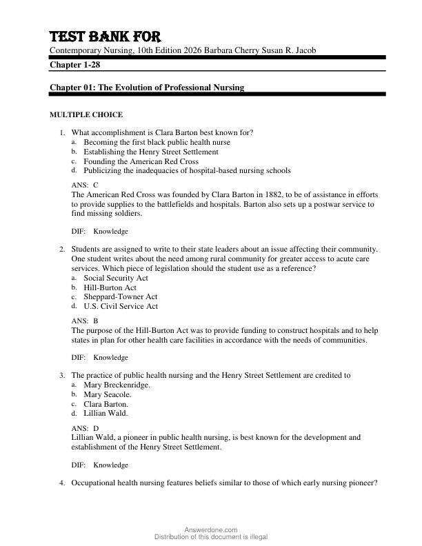 Test Bank For Contemporary Nursing, 10th Edition  Copyright 2026 Barbara Cherry Susan R. Jacob Chapter 1-28