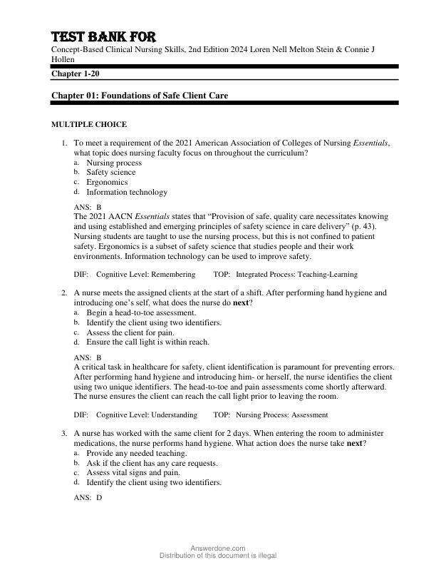 Test Bank For Concept-Based Clinical Nursing Skills, 2nd Edition  Copyright 2024 Loren Nell Melton Stein & Connie J Hollen Chapter 1-20